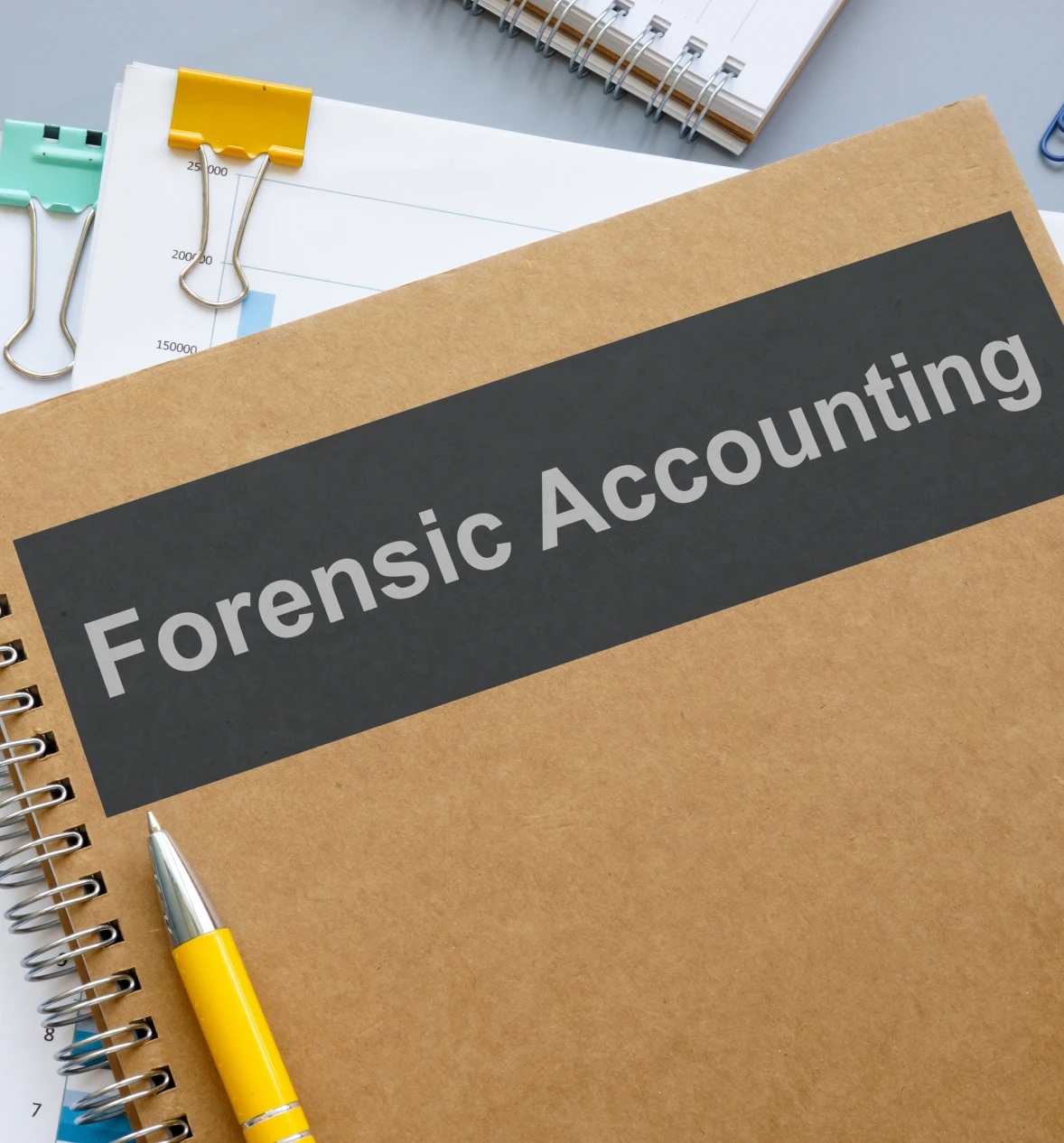 Notebook labeled forensic accounting