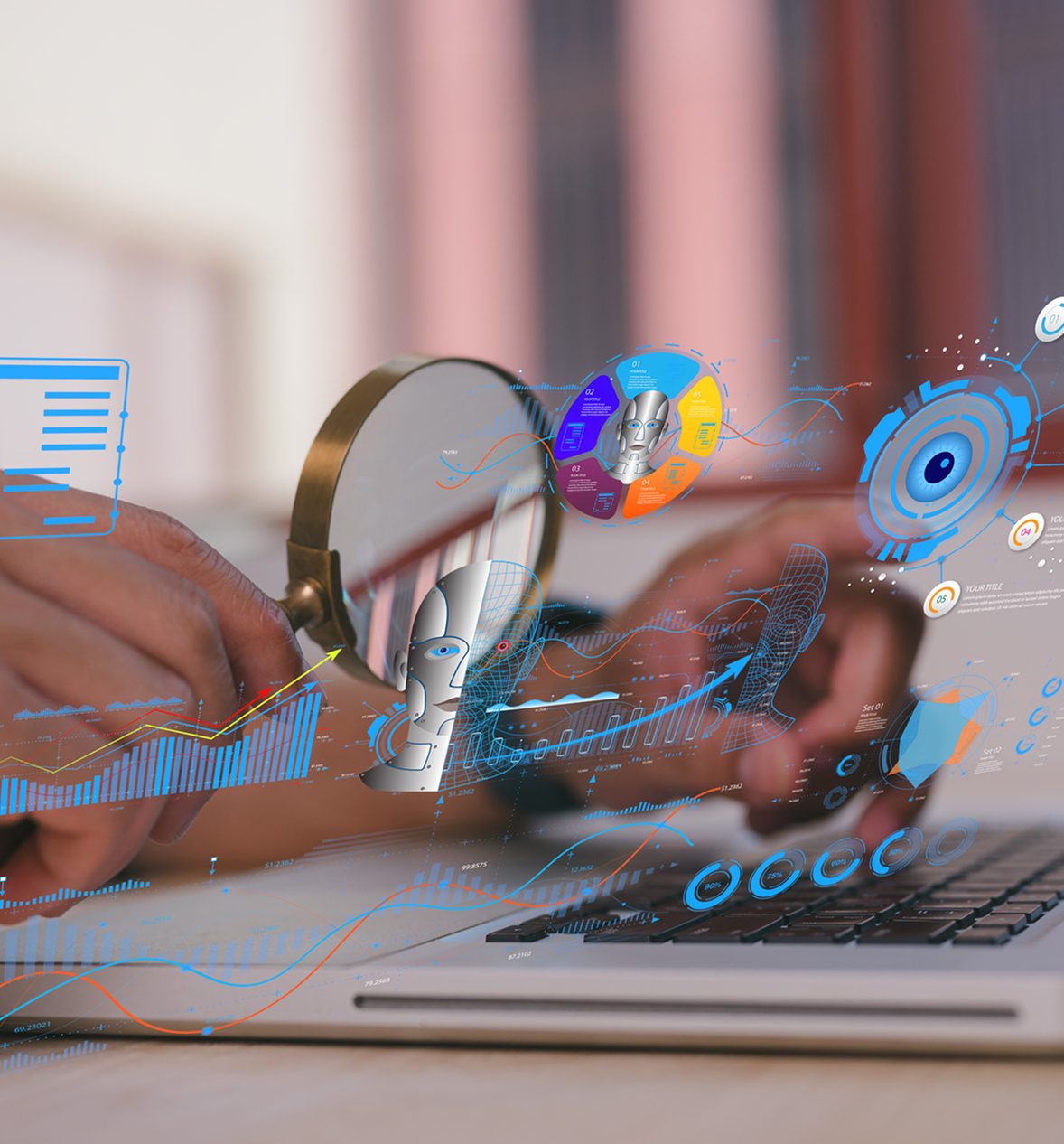 Digital analysis with magnifying glass and laptop